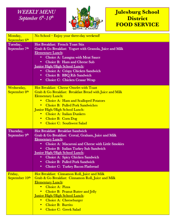 September 6th-10th Menu