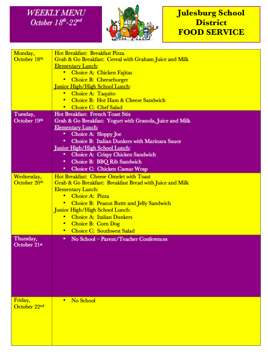October 18th Weekly Menu
