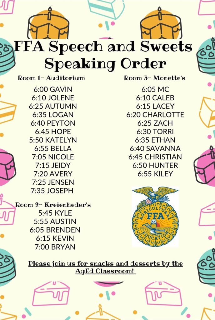 A Flyer with pink and teal line-art desserts plaster a cream background. the text at the top reads “FFA SPEECH AND SWEETS SPEAKIng ORDER” an FFA Emblem is on the page  