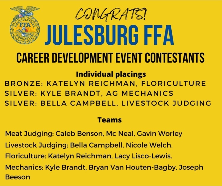 A poster congratulating Julesburg FFA CDE competitors. bronze: Katelyn Reichman, floriculture, silver, Kyle Brandt, mechanics, Silver, Bella Campbell, livestock judging 