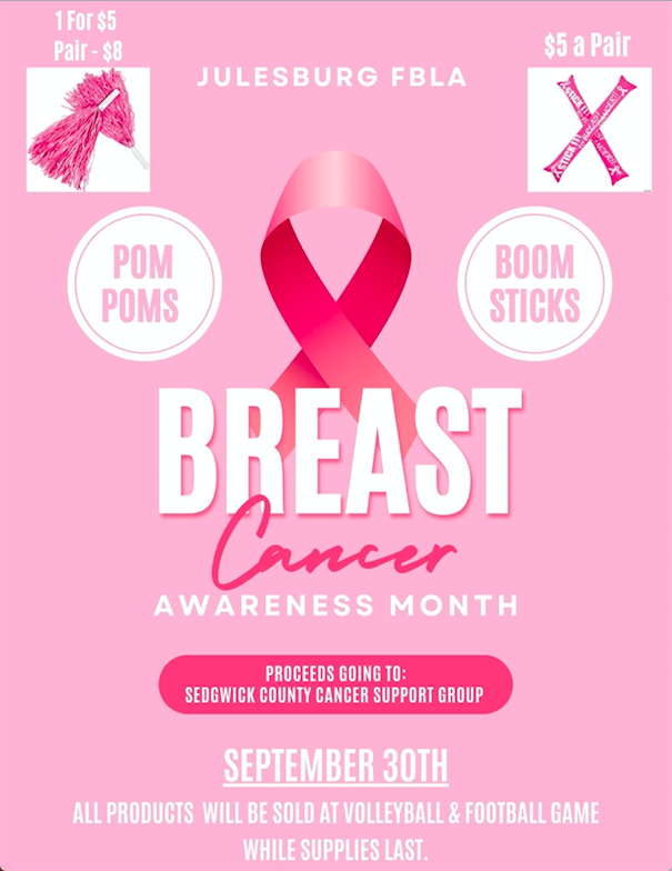 Remember to purchase your FBLA Pink Out game accessories today!  There will be a table at the Volleyball Game and a table at the Football Game!  Bring your accessories to every game throughout the month of October to support Cancer Awareness Month!!  All proceeds will benefit the Sedgwick County Cancer Support Group.