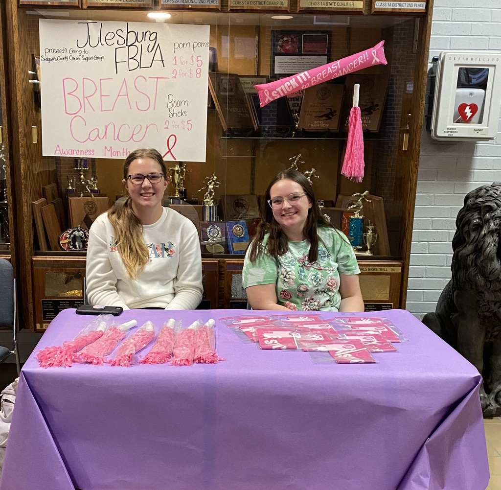JHS FBLA continues to support Breast Cancer Awareness Month . . .please join us in hosting our final home game this month on Thursday, October 27th against the Sterling Tigers in Julesburg starting at 4:30 p.m. Pink Out items still available . . . all proceeds go to the Sedgwick County Cancer Support Group.