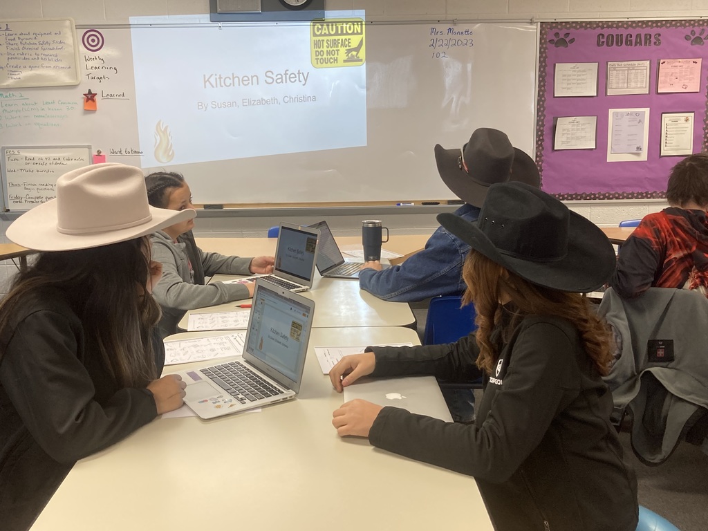 During FFA week, students are wearing their cowboy hats. They are also reporting on Kitchen Safety after reading the chapter and learning about common household cleaning products.